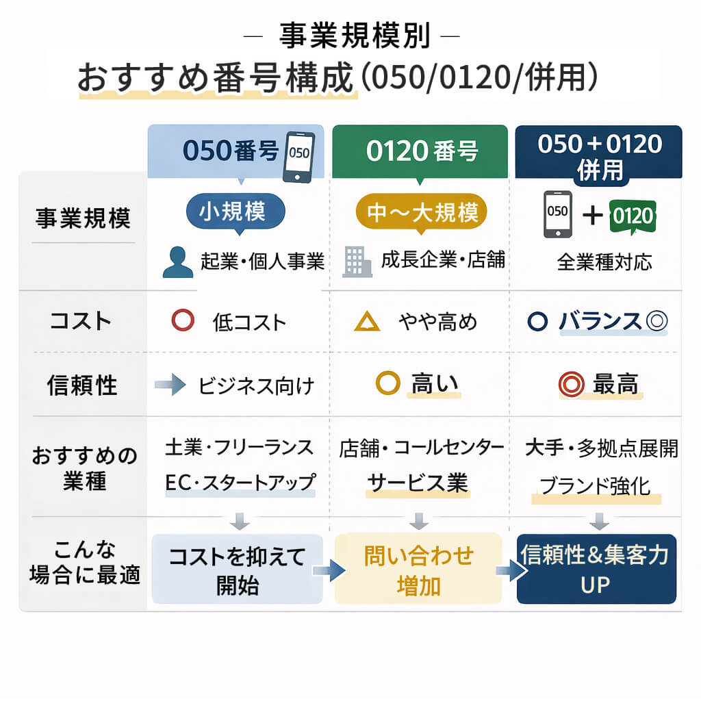 事業規模別おすすめ番号構成（050／0120／併用）」の比較表