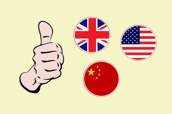 アメリカとイギリスと中国の国旗とサムズアップサイン