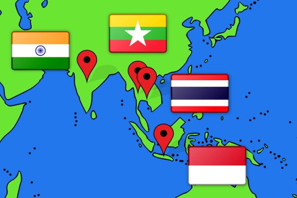 携帯電話事情を紹介するアジアの国々の地図