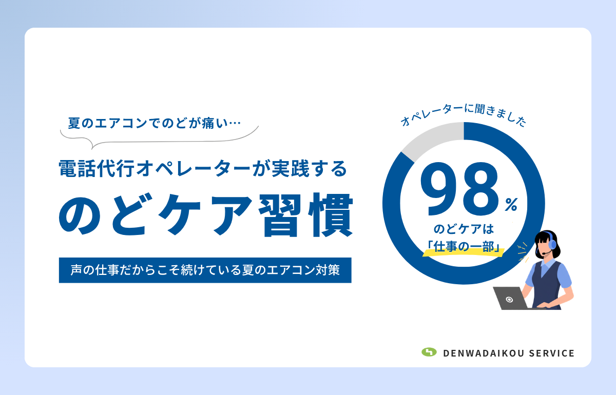 話代行オペレーターの夏ののどケア習慣を紹介するメイン画像。オペレーターの98％が『のどケアは仕事の一部』と回答したアンケート結果を掲載